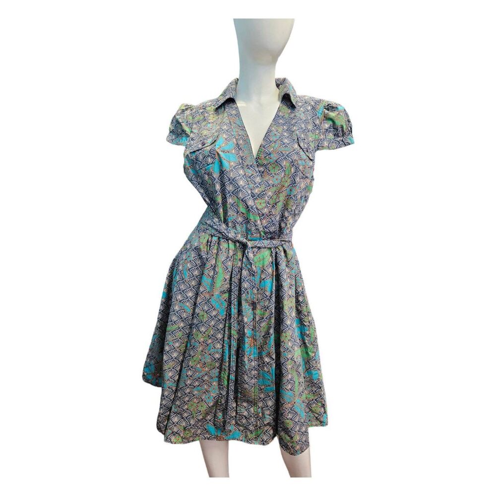 Andrew & Co Wrap Dress Size Large Blue Floral - Picture 2 of 10